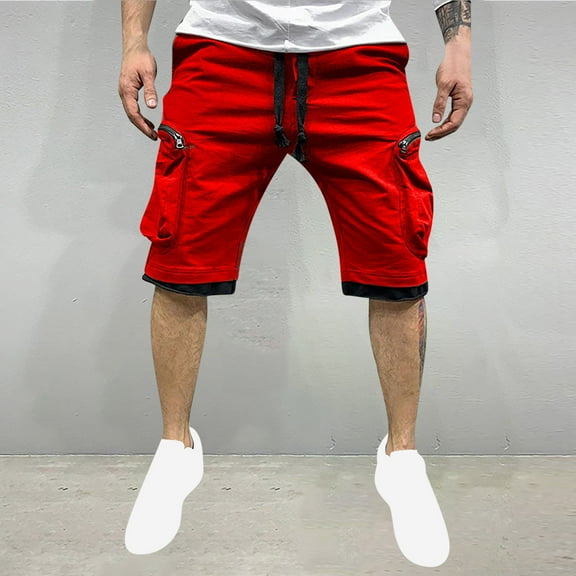 Odbmxy Shorts Men Sports Cargo Mens Shorts Plus Size Straight Leg Plain Pockets Casual Relaxed Fit Shorts,Red L