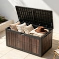 thumbnail image 6 of Uforic 134 Gallon Resin Deck Box, Waterproof Lockable Outdoor Storage Chest, Multifunctional Patio Storage Bench for Cushions, Garden Tools and Pool Supplies, Dark Brown & Wood-Grain Brown, 6 of 6