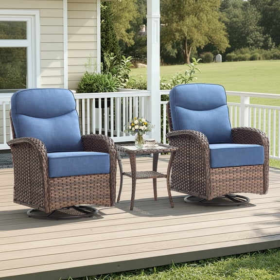 Unnifurnzi Outdoor Swivel Rocker Patio Chairs-6'' Thick Cushions Outdoor Rocking Chairs Set of 2 with Patio Side Table Patio Table and Chairs for Deck Porch Garden Balcony Poolside-Brown/Blue