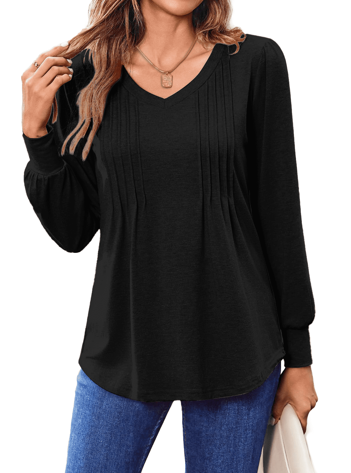 Fantaslook Long Sleeve Shirts for Women Fall Tops Dressy Casual Blouses Pleated V Neck Tunic Tops