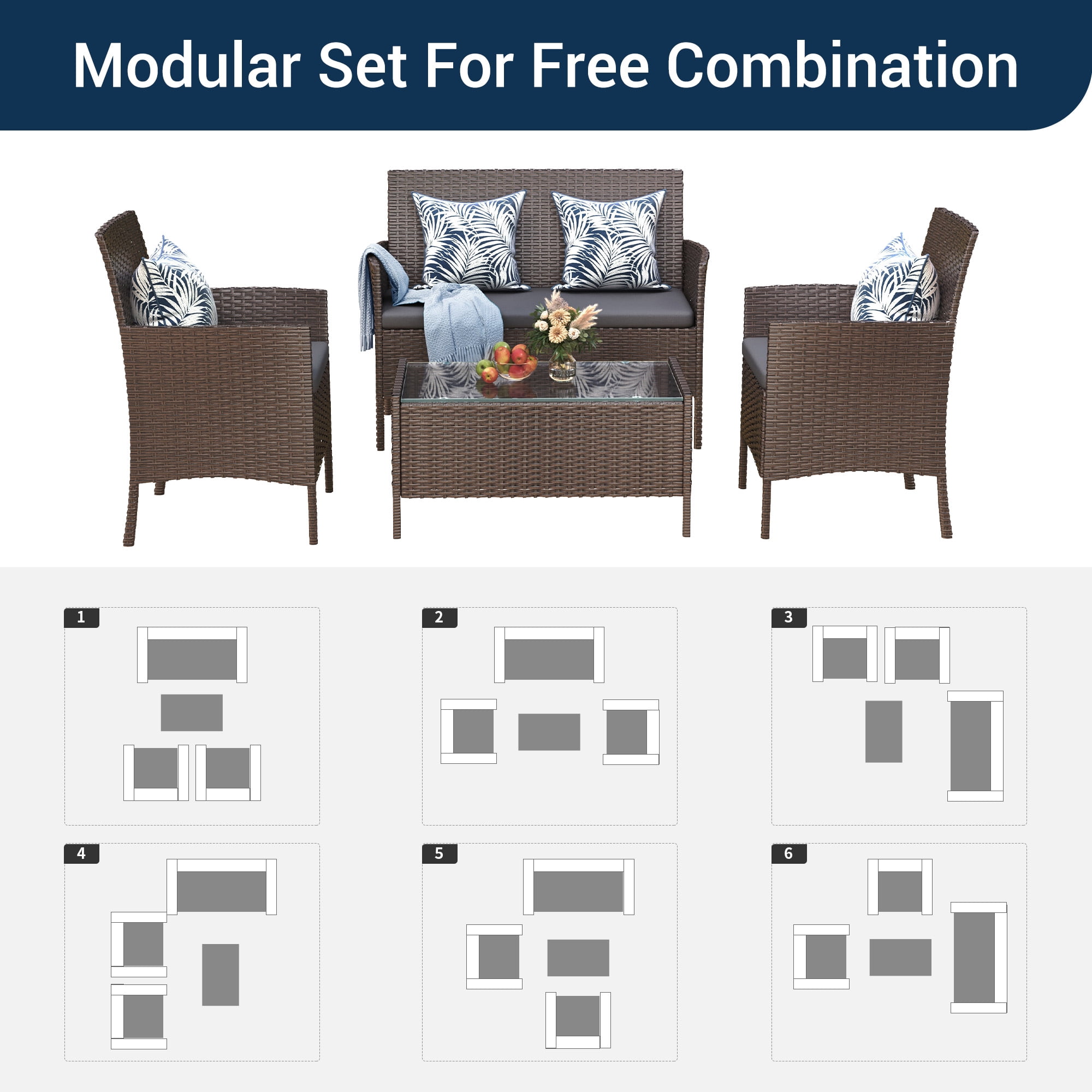 Elposun 4 Steel Hand-woven Outdoor Conversation Sets with Sofa and Table, Brown/Gray