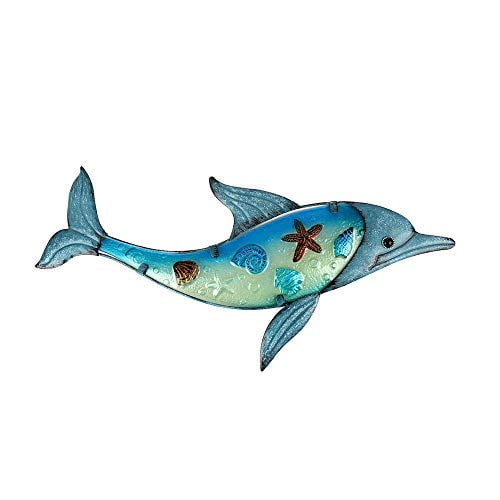 Liffy Metal Dolphin Wall Art Outdoor Glass Sculpture Hanging Sea Decor Blue Fish Decorations For Pool Patio Or Bathroom Com Liffy Metal Dolphin Wall Art Outdoor, Pool Patio Wall Art