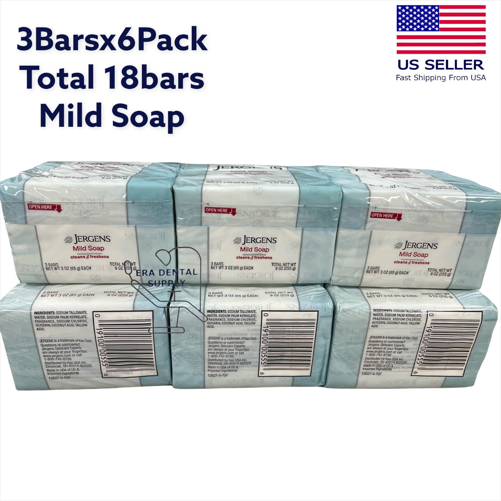 Lot of 18 Bars Jergens Mild Soap Cleans & Freshens, 6 x 3Bars, Each Bar 3oz