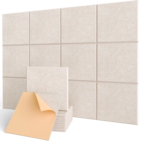Square Acoustic Wall Panels, Sound Absorbing Panel for Walls, Ceiling, Doors, Self Adhesive Beige Decorative Acoustic Tiles for Recording S