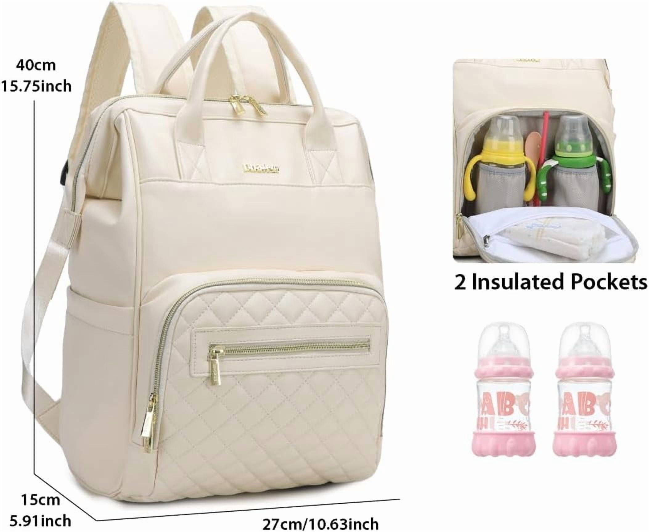 Baby Diaper Bag Backpack, Vegan Leather Diaper Backpack with Laptop Compartment 15.6 inch, Baby Bag Large Capacity, Waterproof Travel Backpack (Beige)