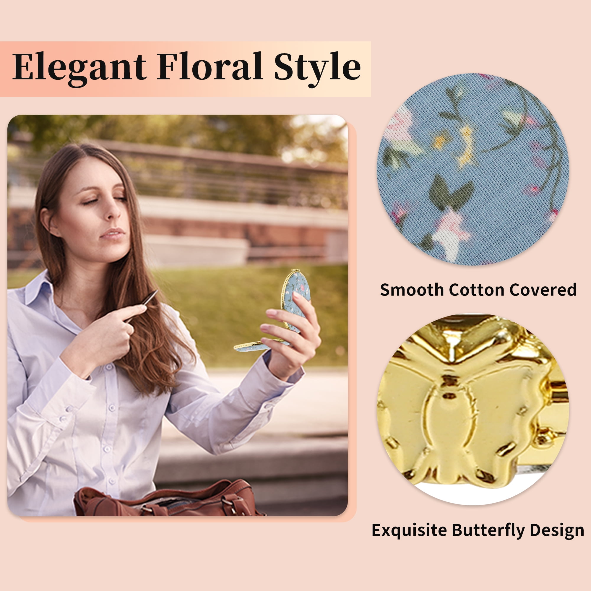 Unique Bargains Round Mini Floral Mirror for Women Purses Pocket Blue