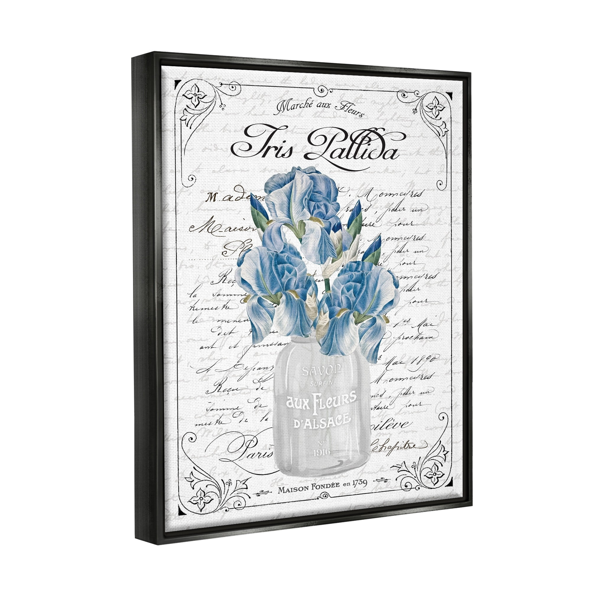 Stupell Industries Delicate Iris Flower Bouquet Ornate French Script Border Graphic Art Luster Gray Floating Framed Canvas Print Wall Art, Design by Lettered and Lined
