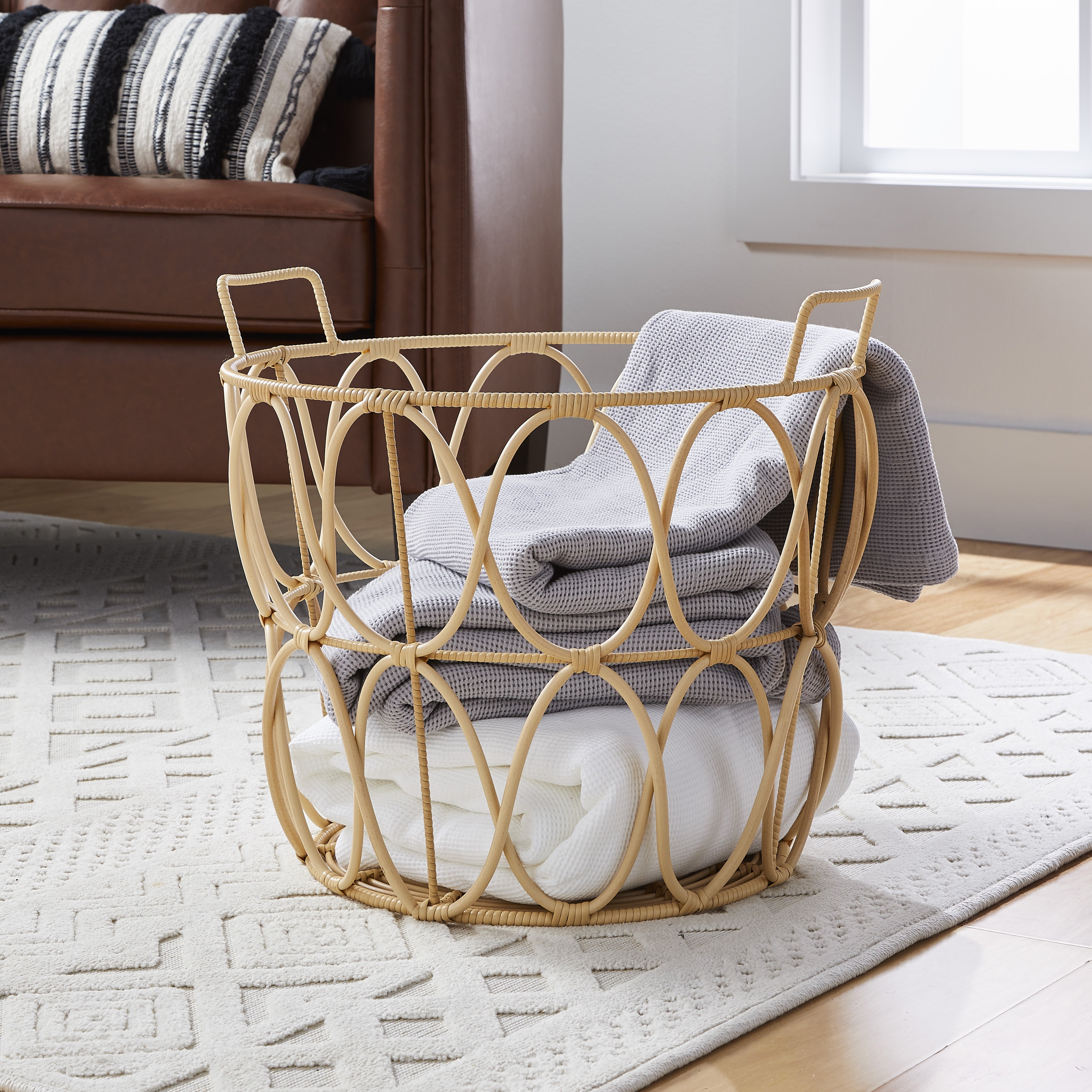 Better Homes & Gardens Large Round Poly Rattan Storage Basket with Handles