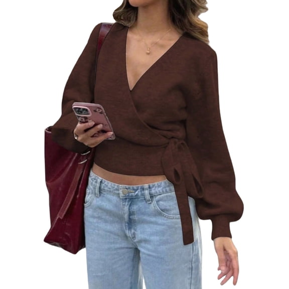 Women'S V Neck Wrap Sweater Long Lantern Sleeve Cinched Waist Crop Tops Fall Knitwear Brown S