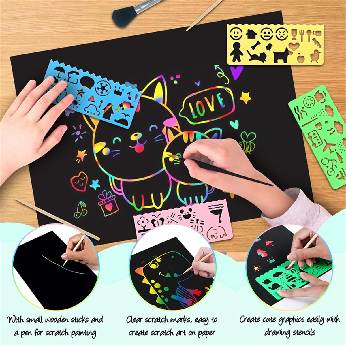 Scratch Paper Art Set,50 Sheets 8x11in Rainbow Coated Scratchboard Large Scratch Paper with Wooden Styluses and Stencils