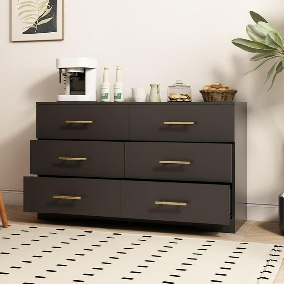 6-Drawer Dresser, Black Chest of Drawers with Golden Handles, Modern Farmhouse Style Bedroom Storage Cabinet, 27.95" H x 47.24" W x 20.47" D