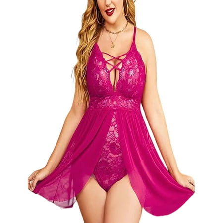 

Wrcnote Women Nightdress Plus Size Chemise Sleeveless Mini Lingerie Solid Color Ladies Oversized Hollow Out See Through Floral Rose Red 4XL