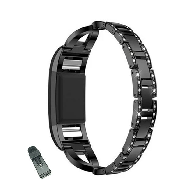 Bracelet de Montre en Acier Inoxydable Bling en Forme de X, Bracelet Ajustable de Remplacement, Sangle Sport pour Fitbit Charge 2/Fitbit Charge 3 pour Femmes - Noir