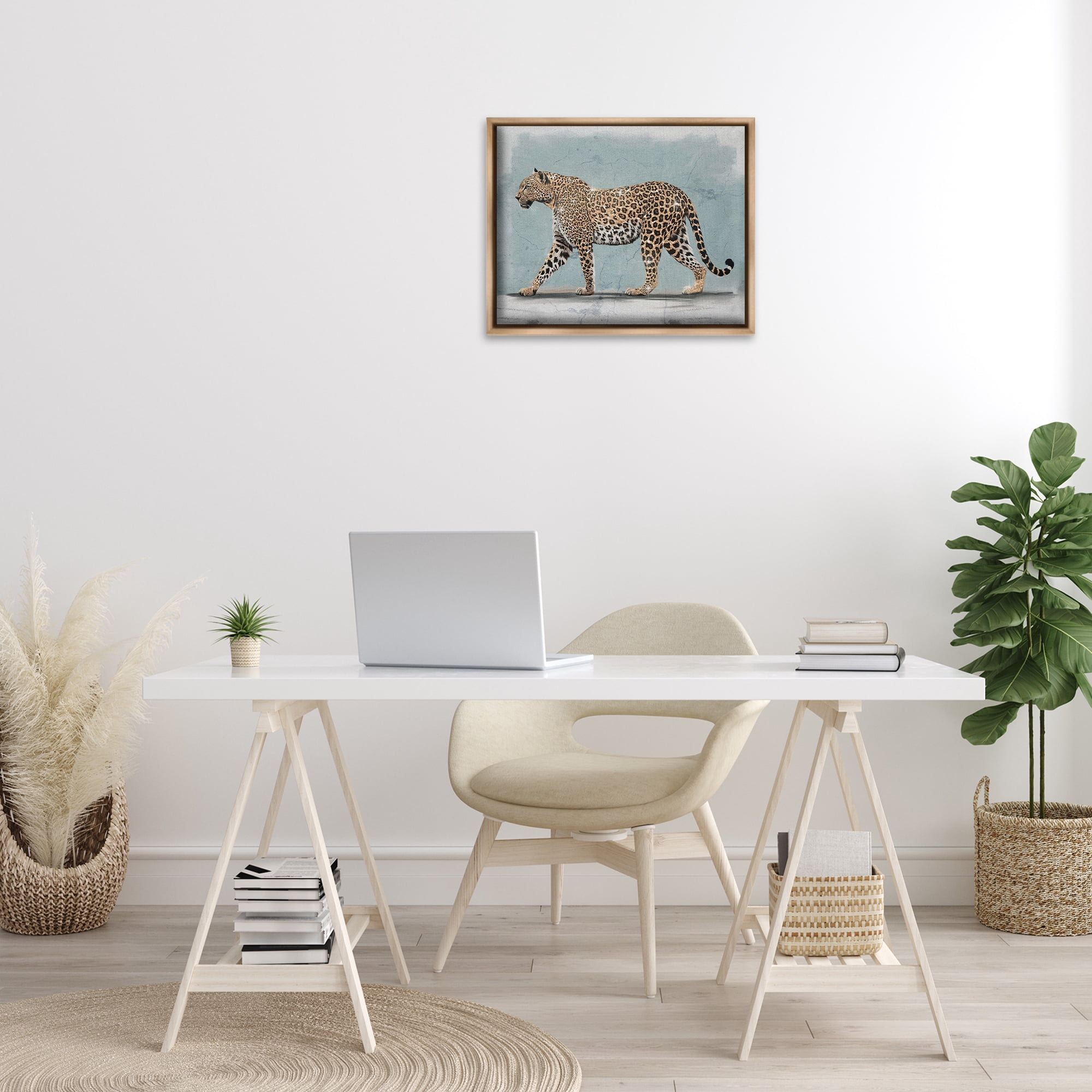 Stupell Industries Stepping Glam Leopard Animals Painting Brown Floater Framed Canvas Art Print Wall Art, 21 x 17