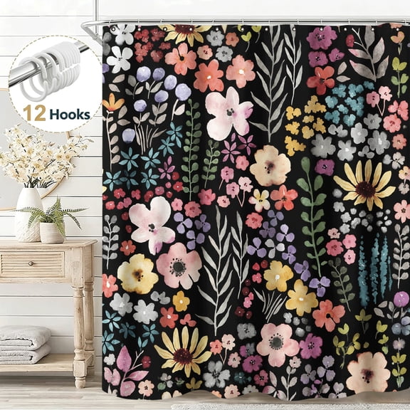 Watercolor Flower Fabric Boho Floral Shower Curtain, Exquisite Whimsical Wildflower Shower Curtain Set for Bathroom, Waterproof Cloth Fabric with Hooks Bathroom Decor Shower Curtain, 36*72in