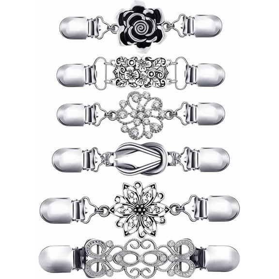 Vintage Shirt Dress Clips - 6 Pack Waist Cinching Clips for Cardigans, Shawls & Jackets | Decorative Brooch-Style Clothing Clips for Women