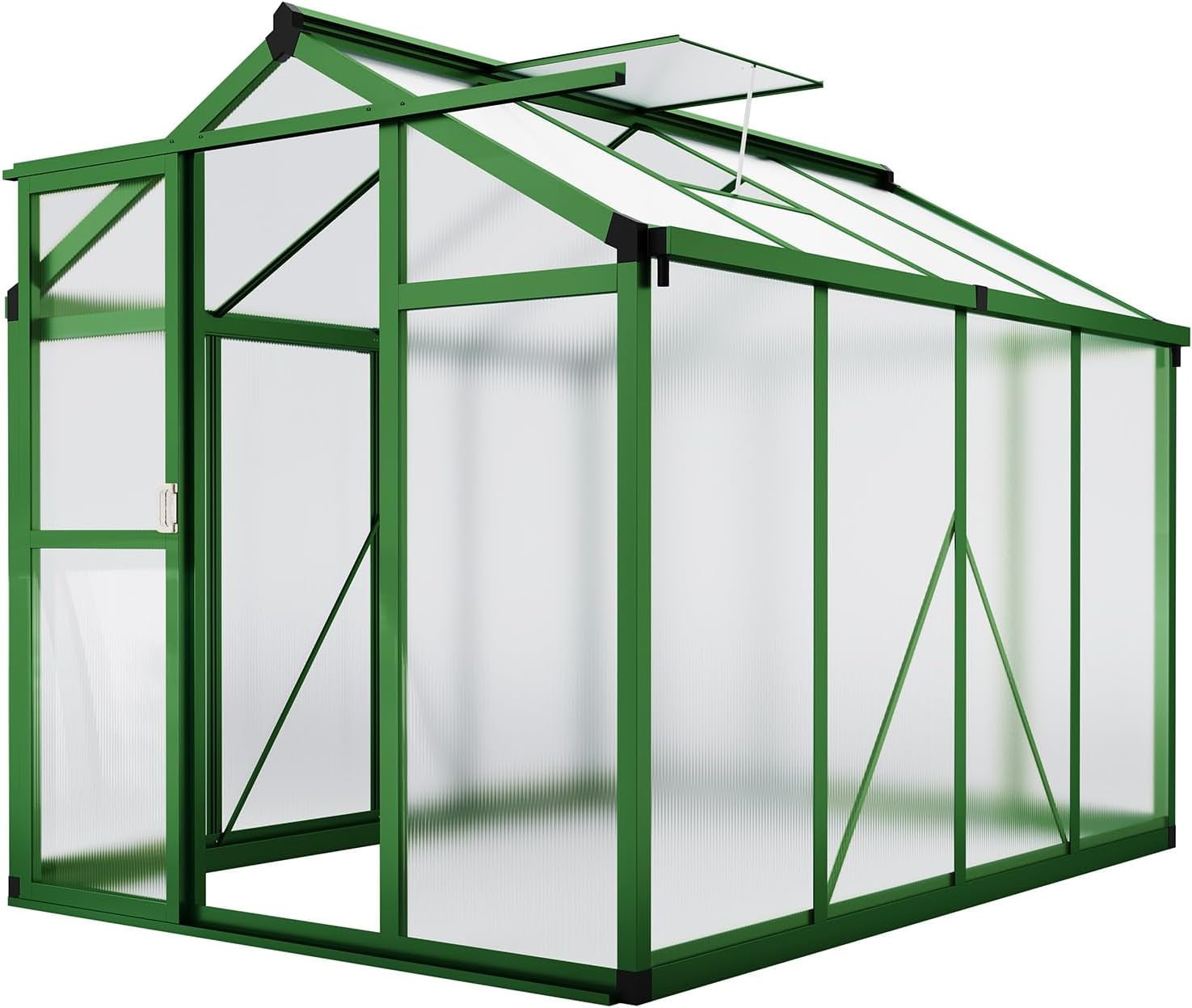 6x8 FT Walk-in Greenhouse for Outdoors – Aluminum Frame, Polycarbonate Panels, Roof Vent, Rain Gutter, Sliding Lockable Door, Easy Setup for Garden & Backyard, Green