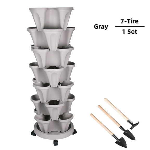 YUONAO 7-Tier Stackable Vertical Planter with Wheels & Tools – Indoor Outdoor Garden Flower Herb Pot for Patio, Balcony, Greenhouse-Gray
