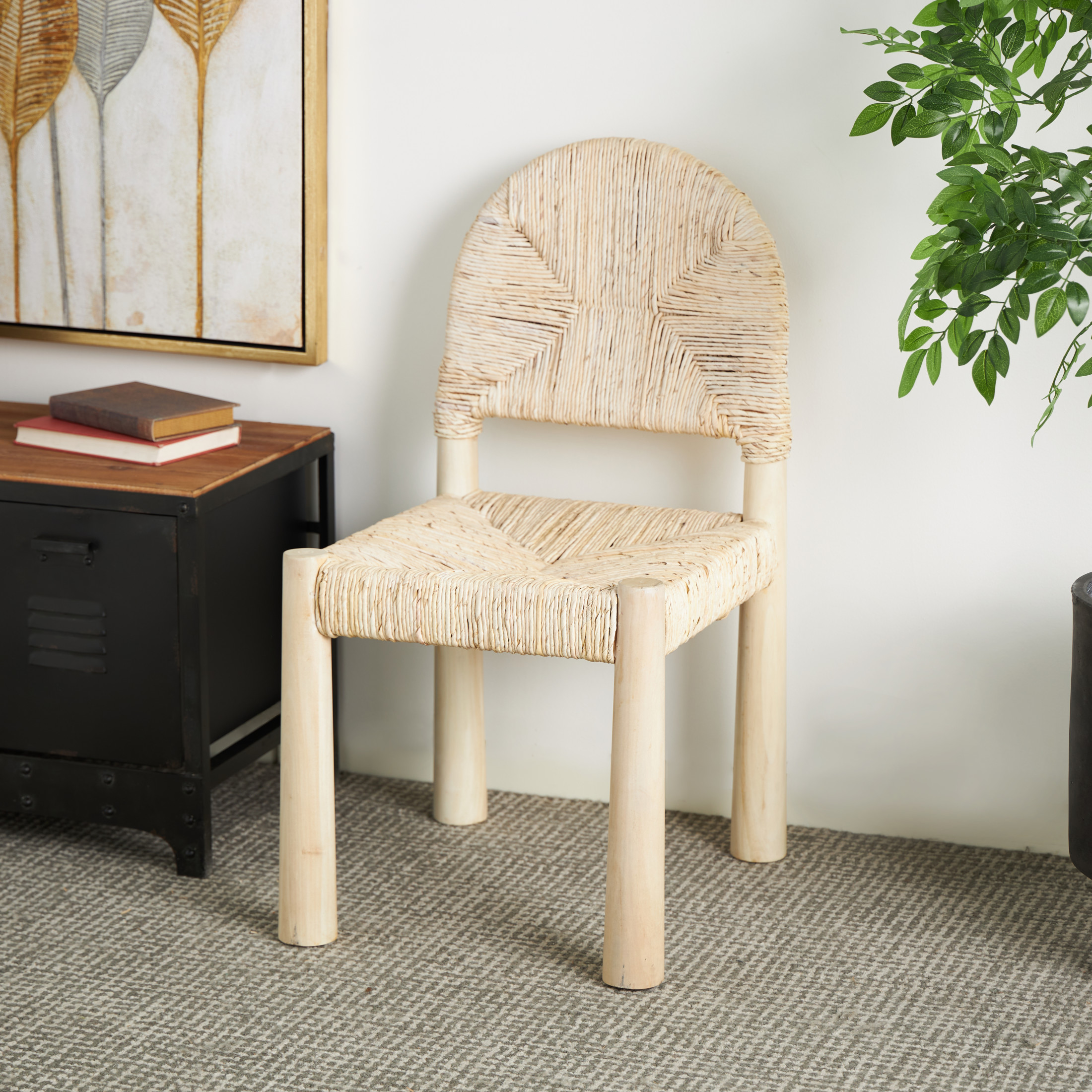 DecMode Wood Handmade Art Deco Dining Chair with Woven Banana Leaf Seat, Set of 2, Cream