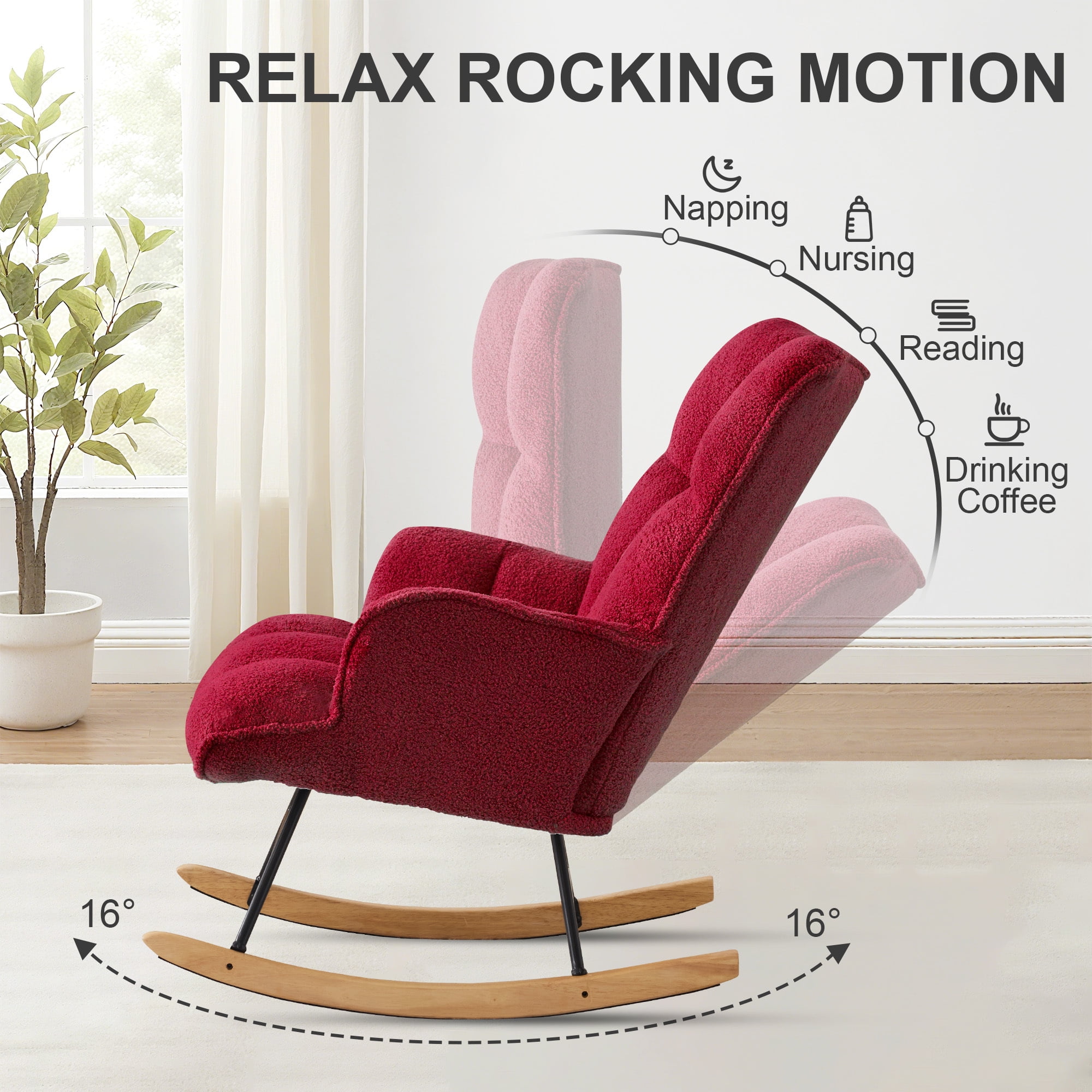 SAETSFEG Rocking Chair Nursery Teddy Upholstered Glider Rocker Rocking Accent Chair Padded Seat with High Backrest Armchair Comfy Side Chair for Living Room, Bedroom, Burgundy