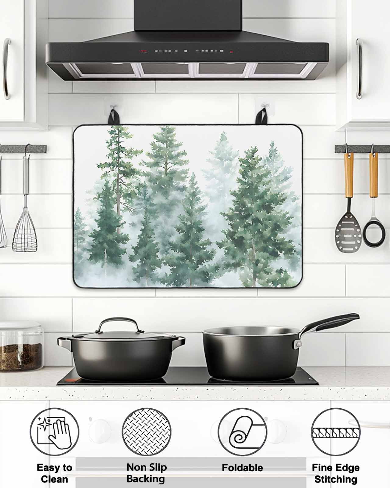 Stove Top Covers for Electric Stove, Forest Green Glass Stovetop Cover Protector, Spring Summer Watercolor Pine Tree Induction Cooktop Protector Oven Mat for Kitchen Countertop 31"x24"