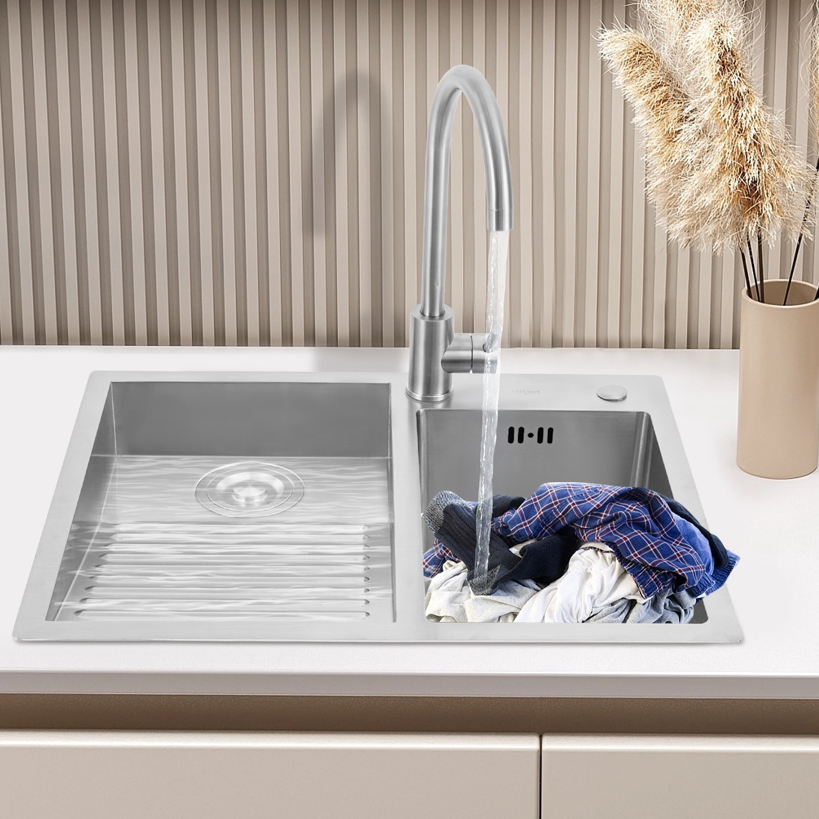 Miumaeov Stainless Steel Laundry Sink with Washboard 2-in-1 In-counter Undermount Utility Sink with Faucet for laundry rooms utility rooms