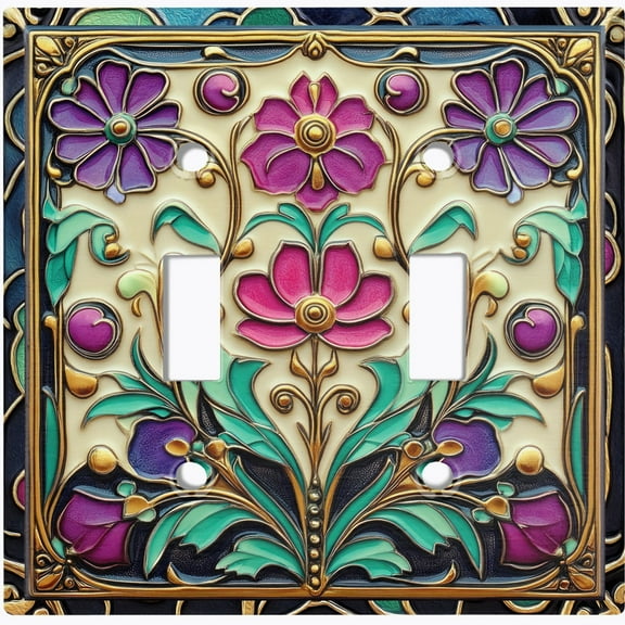 Metal Light Switch Wall Plate Outlet Cover (Printed Image of Stained Glass Rustic Flowers - Double Toggle)
