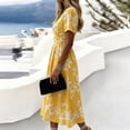 thumbnail image 6 of Bxsruta Women's Floral Print V Neck Short Sleeve Midi Dress Casual A Line Flowy Long Dress for Work Party Pull on Comfortable Elastic Waist Lightweight Everyday, 6 of 7
