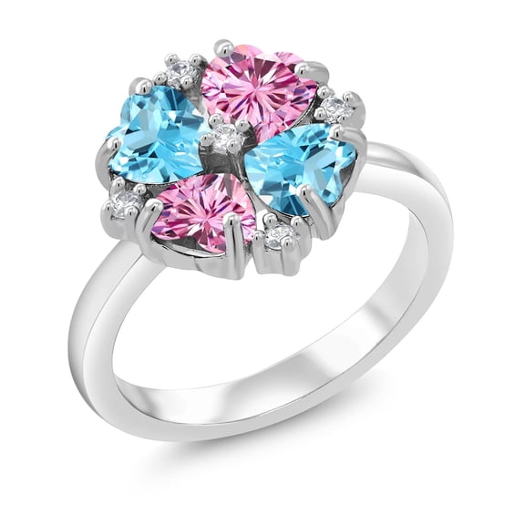 Gem Stone King 925 Sterling Silver Swiss Blue Topaz and Pink Moissanite Ring for Women (2.18 Cttw, Heart Shape 5MM, Gemstone November Birthstone, Size 9)