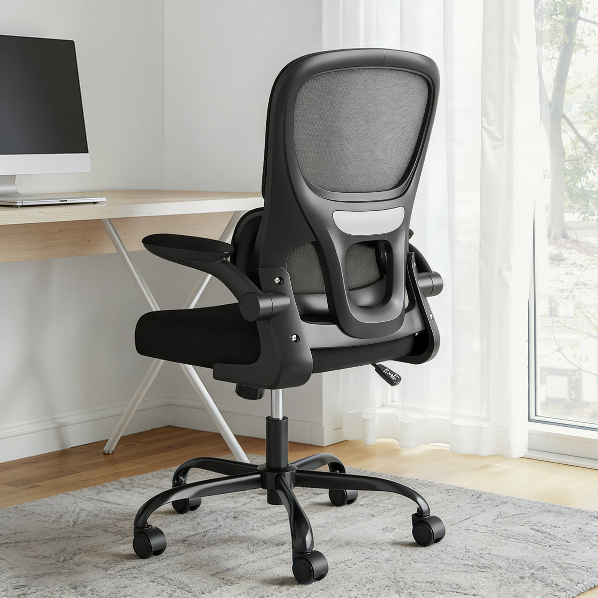 MAYEERTY Ergonomic Home Office Chair with Mesh Back, Lumbar Support, Flip-up Armrests for Work & Study, Black