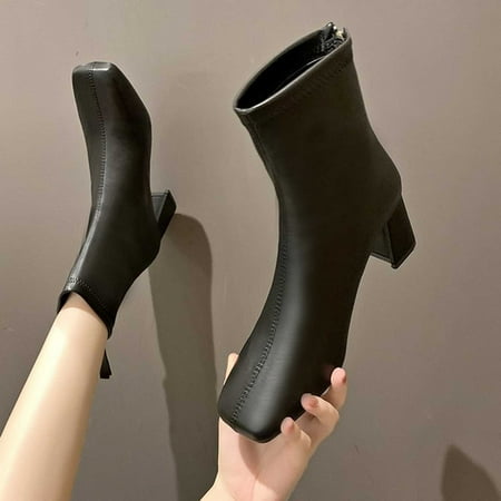 TUTUnaumb Women s Middle Ankle Boots Size 8 Women s Large Size Back Zipper Ankle Boots Non-slip Boots With Thick Heels Square Toe Flat Bottom Chunky High Heel Casual Women s Shoes Ankle Boots-Black