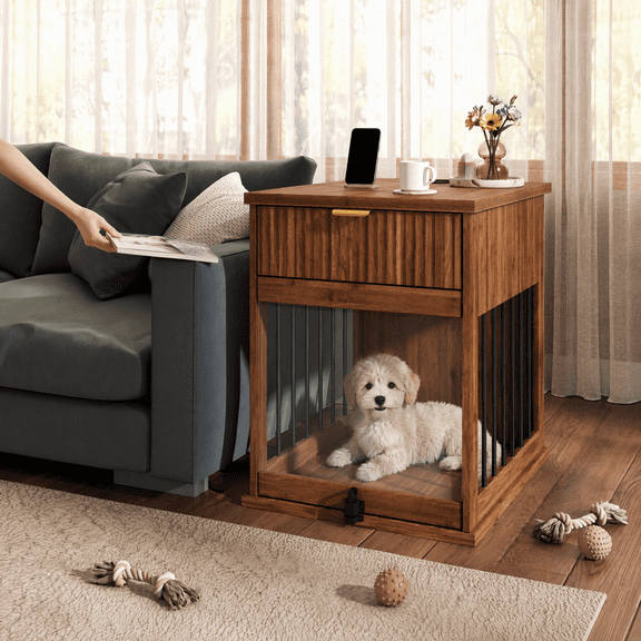HAOMINS Dog Crate Furniture, Small Wooden Pet House End Side Table with Hideaway Glass Door and Storage Drawer for Small Dogs