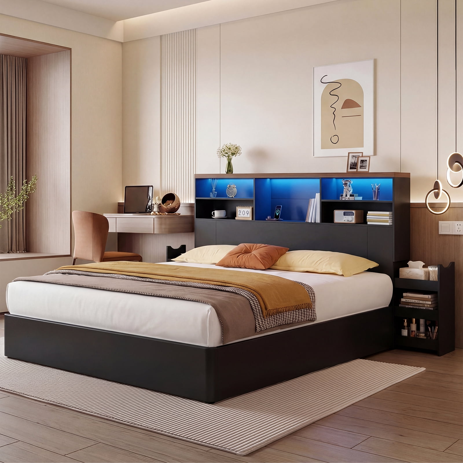 Advwin 63" Full/Queen Headboard with Pull-Out Storage Racks & LED Lights, Modern Bookcase Headboard with Charging Station, Space Saving Wood Headboard Only for Bedroom, Black & Walnut