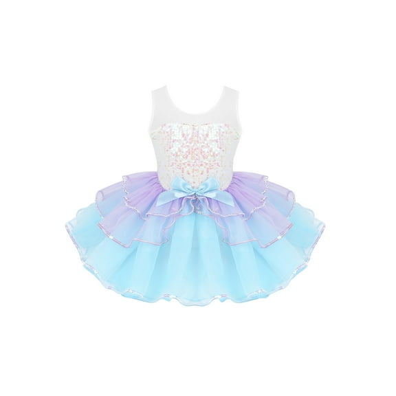 MSemis Kids Little Girls Ballet Tutu Dress Shiny Sequins Mesh Splice Ballerina Princess Dress Light Blue 4