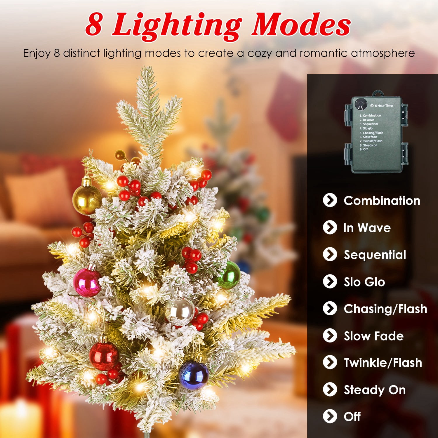 50 LED Lifelike Artificial Christmas Tree - 8 Lighting Modes, Auto 6H/18H Timer & IP44 Waterproof, Battery Operated Mini Tree with Red Berries for Holiday Home Porch Garden Decor