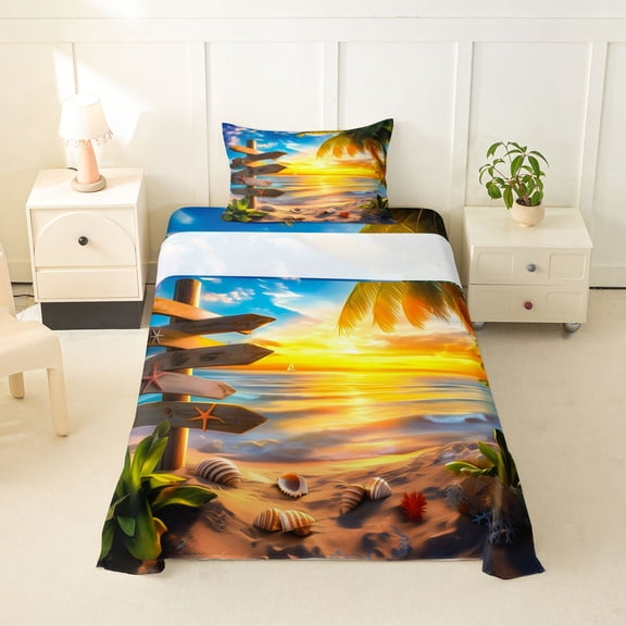 jejeloiu Sea Beach Sunset Twin Sheets For Girls,Coastal Palm Seashell Bedding,Golden Yellow,3-Piece,1 Fitted Sheet and 1 Pillowcase
