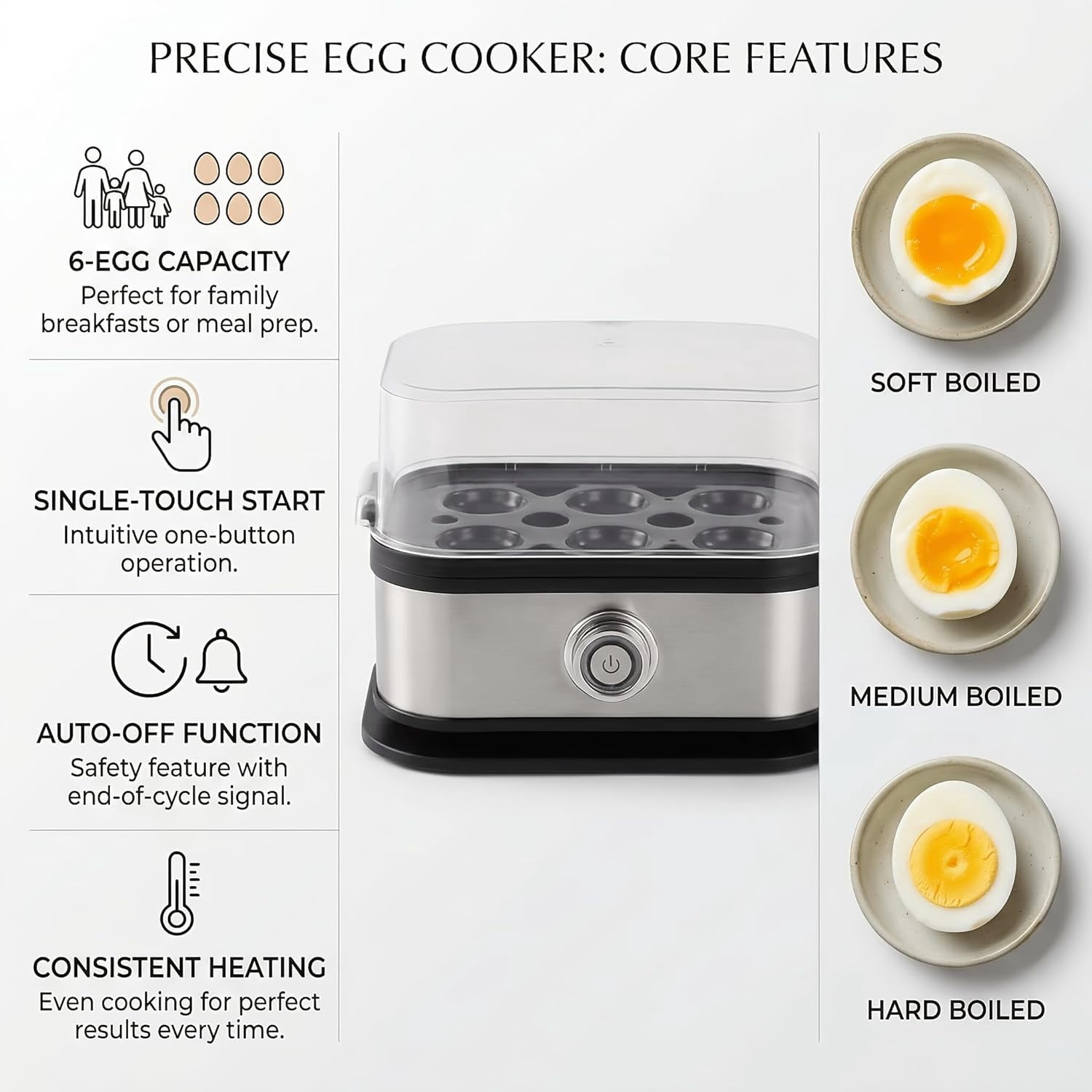 6-Automatic Egg Cooker – Automatic One-Touch Boiler for Soft, Medium, or Hard Boiled Eggs