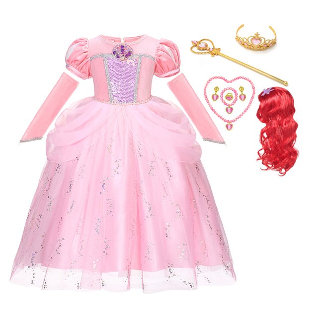 Vestido de princesa Ariel de La Sirenita de Disney, disfraces de Cosplay para niñas pequeñas, ropa para niños, fiesta de cumpleaños, 7-8T(140) Gao Jinjia LED