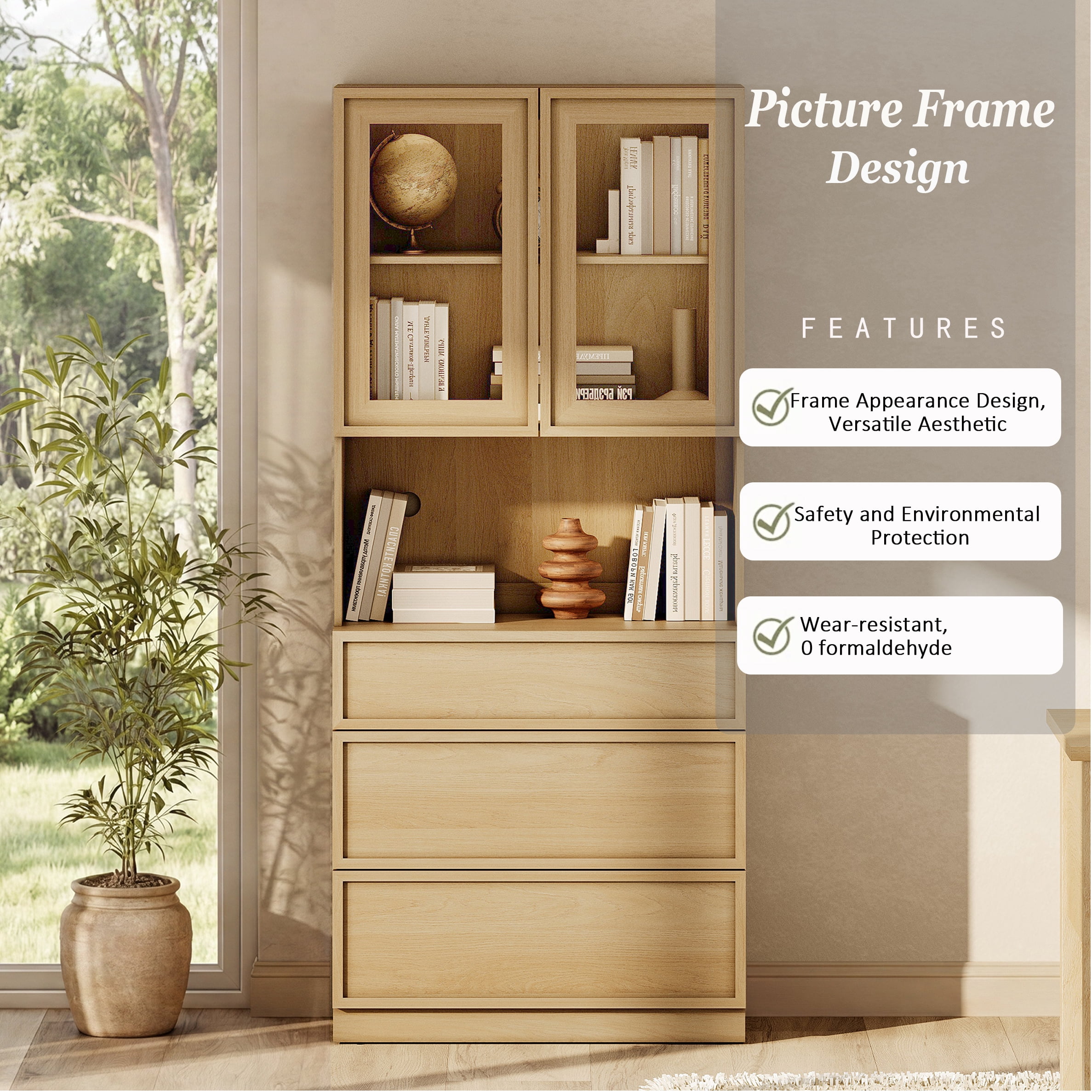 Modern 72" Tall Bookshelf with 3 Drawers and Book Shelves, Library Bookcase with Storage Cabinet and Glass Display Shelves,Oak