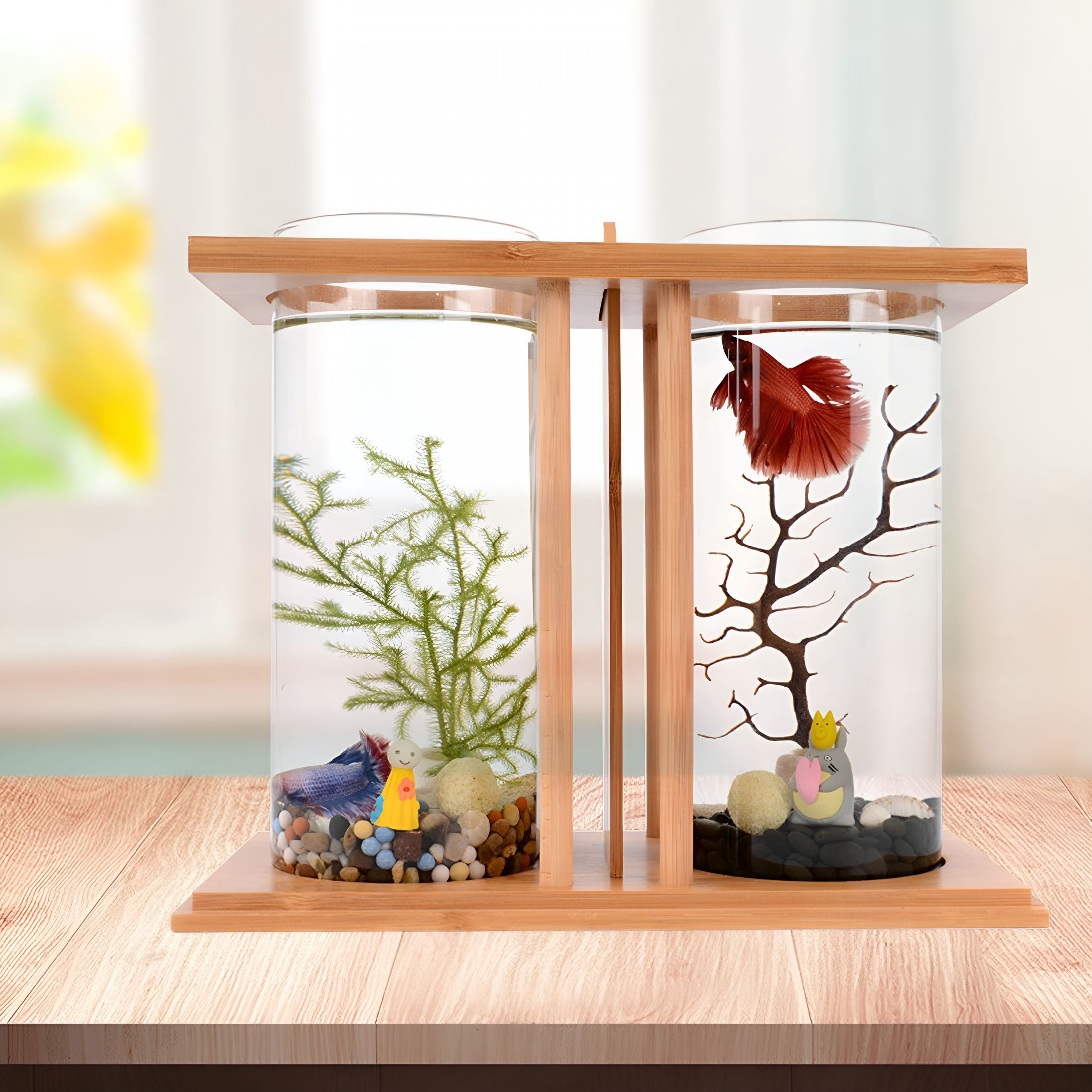 ACDANC LED White Desktop Mini Fish Tank Betta Fish Tank Tabletop Desktop Fish Tank Bamboo Glass Acrylic for Goldfish Betta Fish