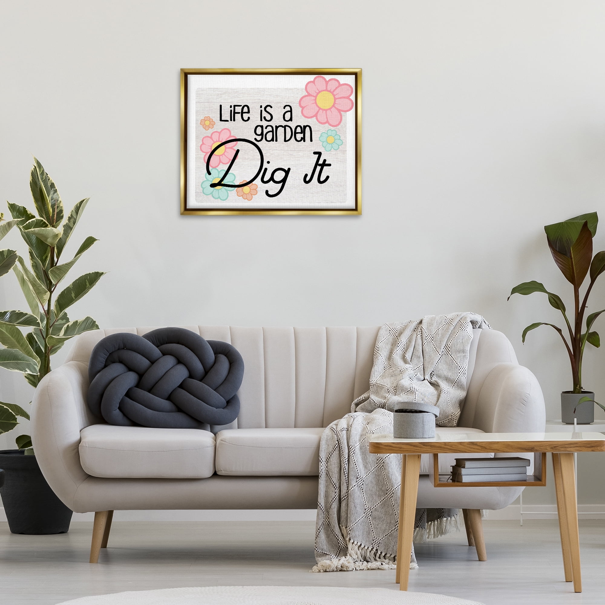 Stupell Industries Life's A Garden Phrase Plants & Flowers Painting Gold Floater Framed Canvas Art Print Wall Art, 31 x 25