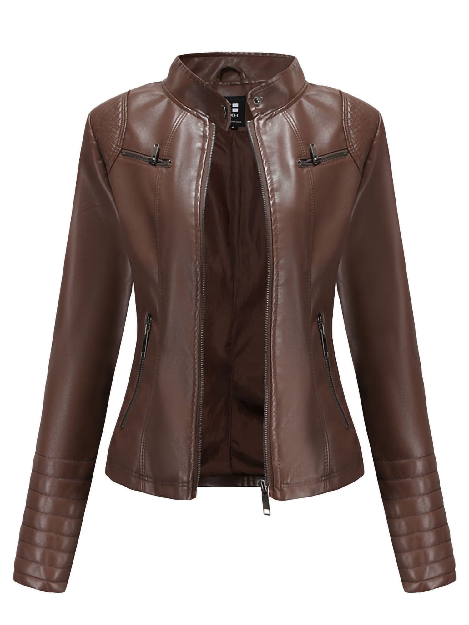 AmeriMark Women’s Faux Leather Jacket Front Zip Quilted Shoulders and Pockets