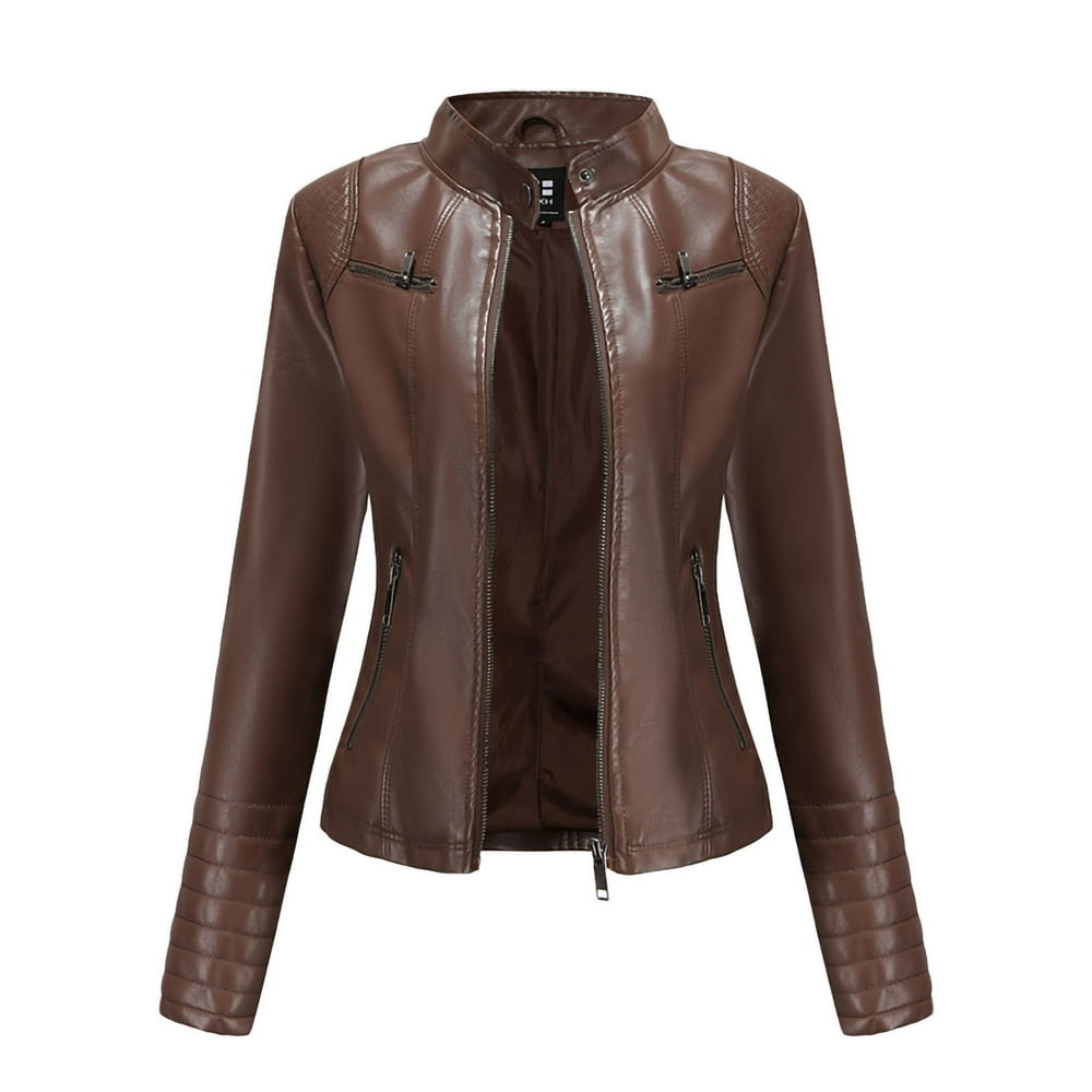AMaVo - New Moto Biker Jacket Coat For Women Collarless Full Zip Up