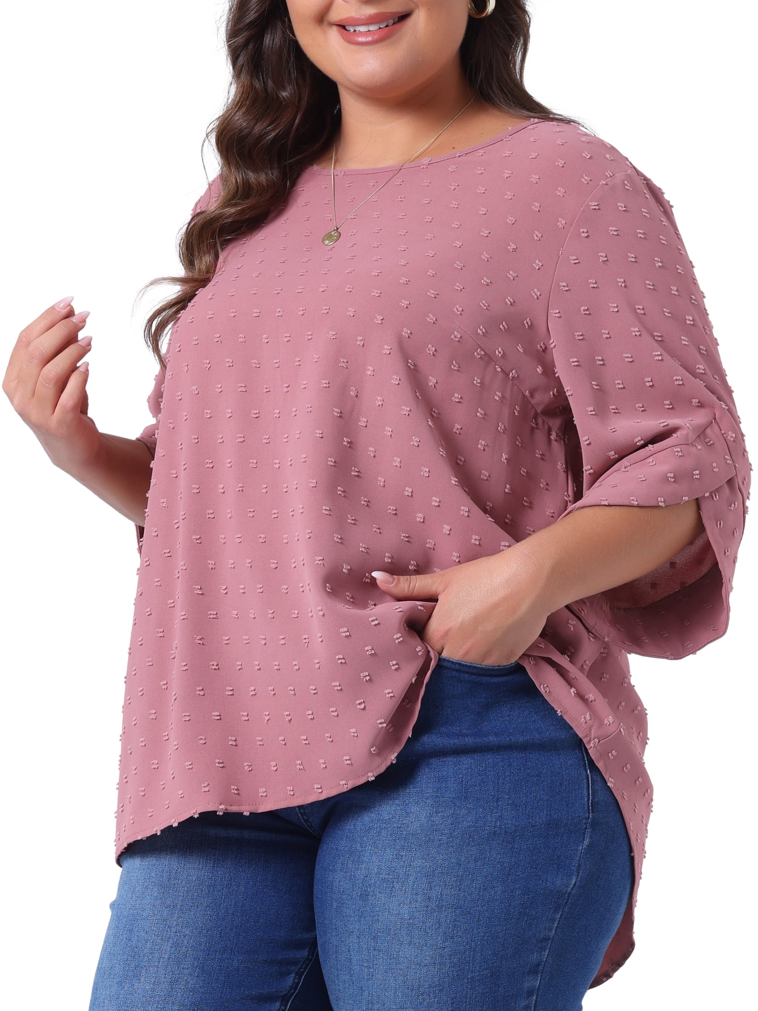 DARING DIVA Women's Plus Petal Sleeve Swiss Dots Blouse T-Shirt Tops 1X Dark Pink