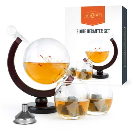Decanter Steel Atterstone Globe Whiskey Decanter Set, 850-ml Gift Set with Globe Glasses, 9 Whiskey Stones and Stainless Steel Funnel ()