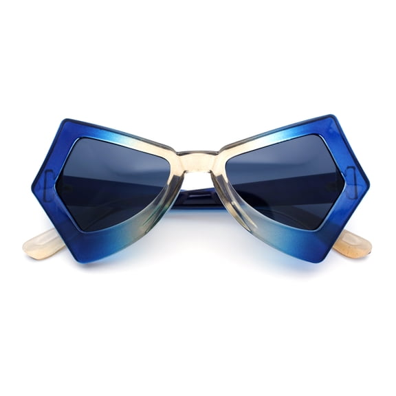 Womens Thick Plastic Bat Shape Tie Dye Color Retro Fashion Plastic Sunglasses Blue Beige - Black