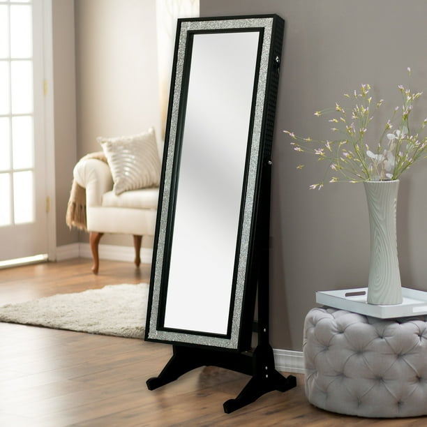 Chic Home Finesse Modern Contemporary Crystal Bordered Rectangular Jewelry Armoire Cheval Mirror Full Length Elegant Black Com Chic Home Finesse Modern Contemporary, Jewelry Armoire & Cheval Standing Mirror