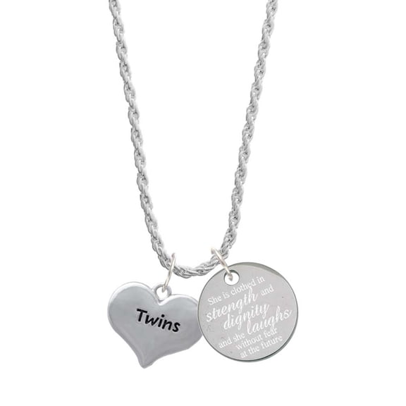 Delight Jewelry Twins Heart with Two Pair of Baby Feet She is Clothed in Stength and Dignity Charm Necklace, 20" 3"