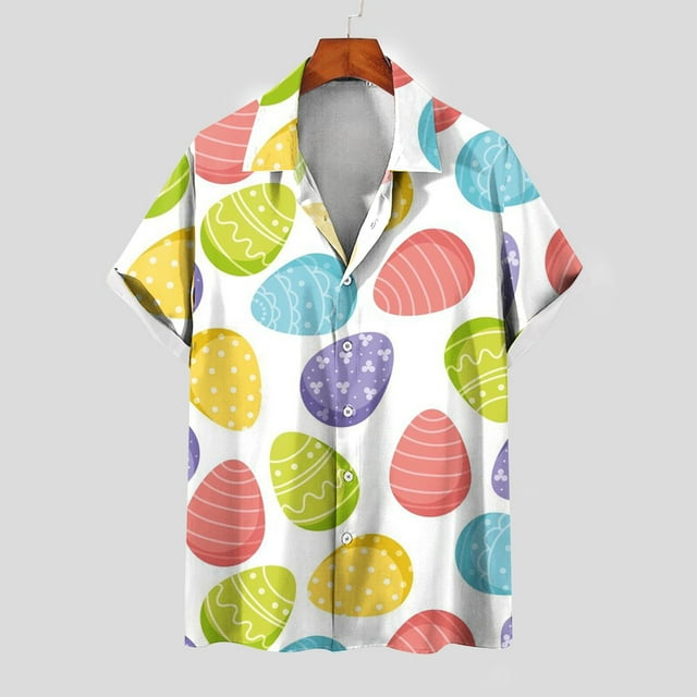 Fridja Compression Shirt for Men Trendy Easter Day Button Down Shirt Fun Easter Bunny Ear Print Short Sleeve Tropical Holiday Top for Seaside(Red,L)