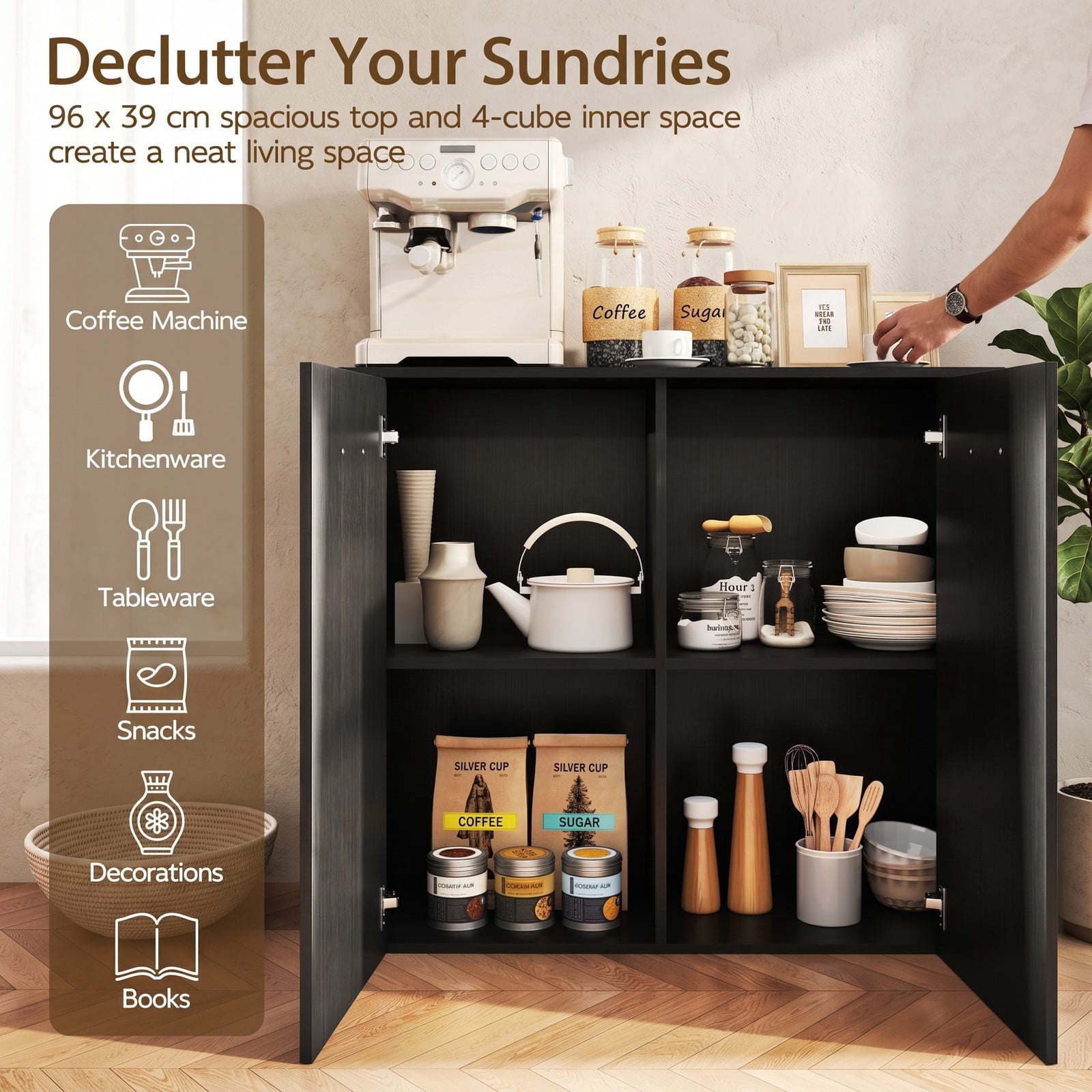Furnibear 38 Inch Modern Buffet Sideboard Cabinet with Storage, Free Standing Kitchen Credenza Console Table with Cube Shelves for Living Room Dining Room, Black